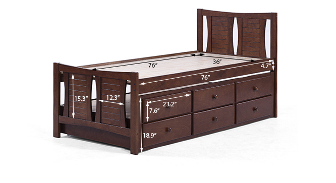Francis Single Bed With Trundle and Storage (Mahogany)